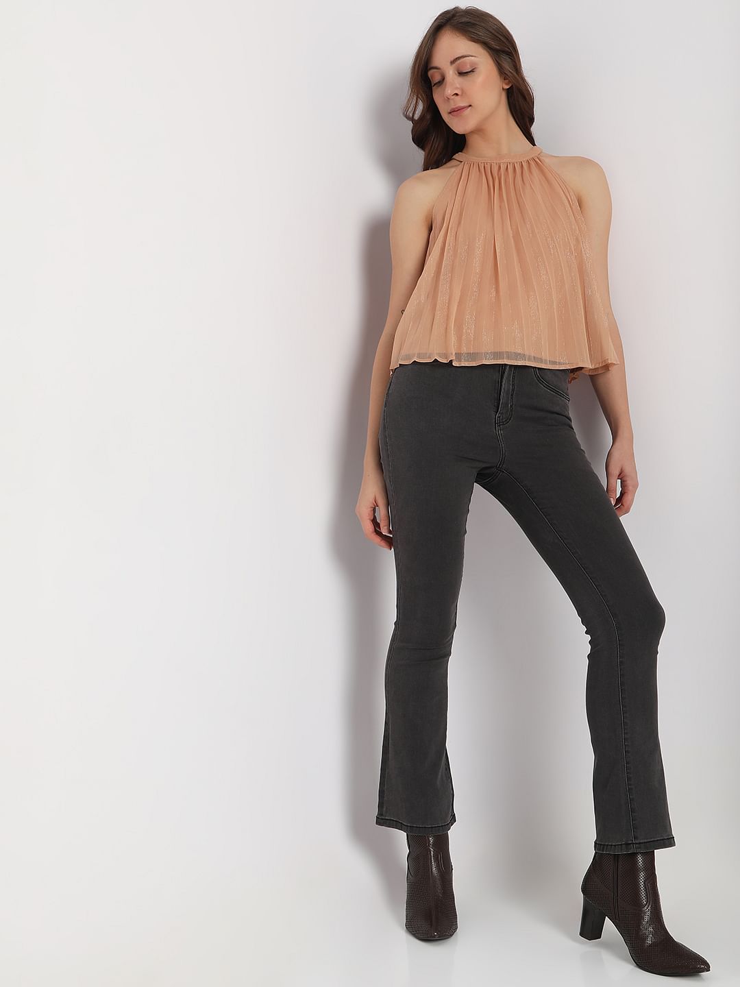 Beige Halter Neck Shimmer Top