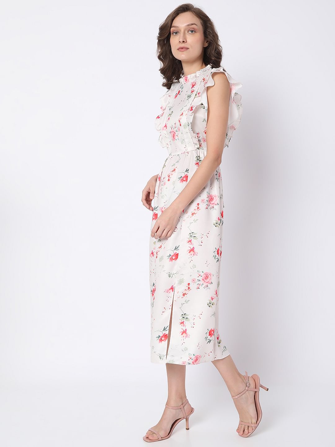 White Floral Print Midi Dress