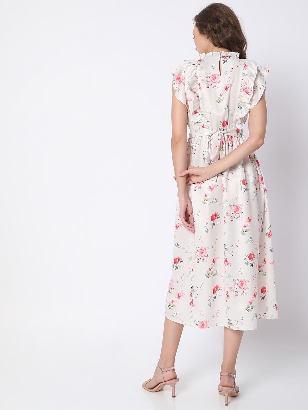 White Floral Print Midi Dress