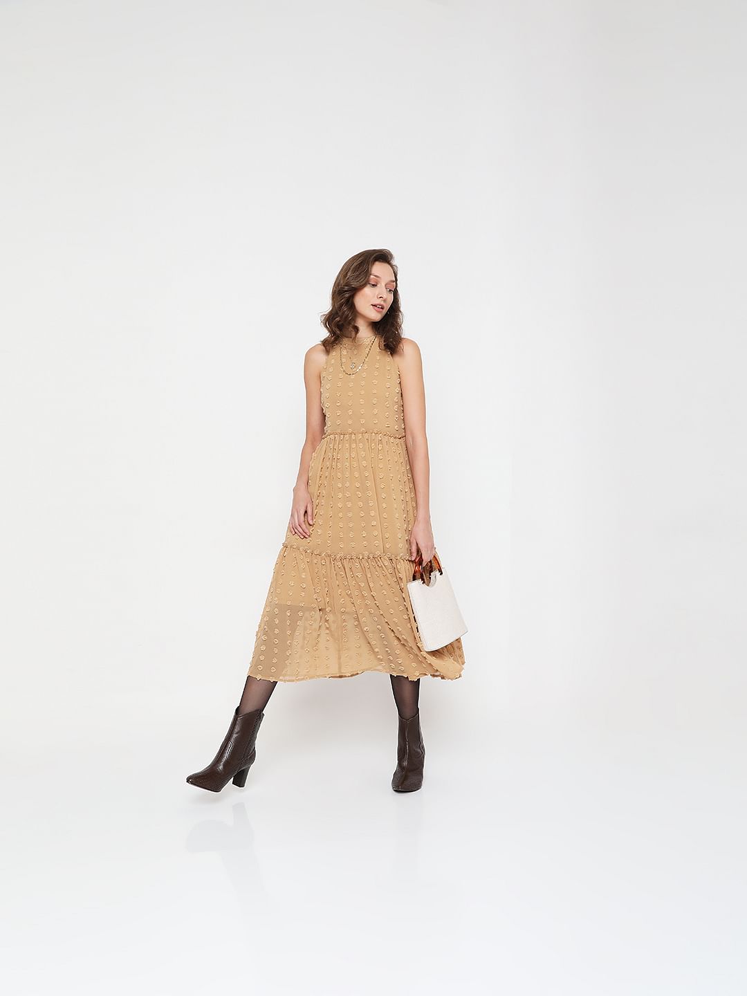 Beige Dobby Midi Dress