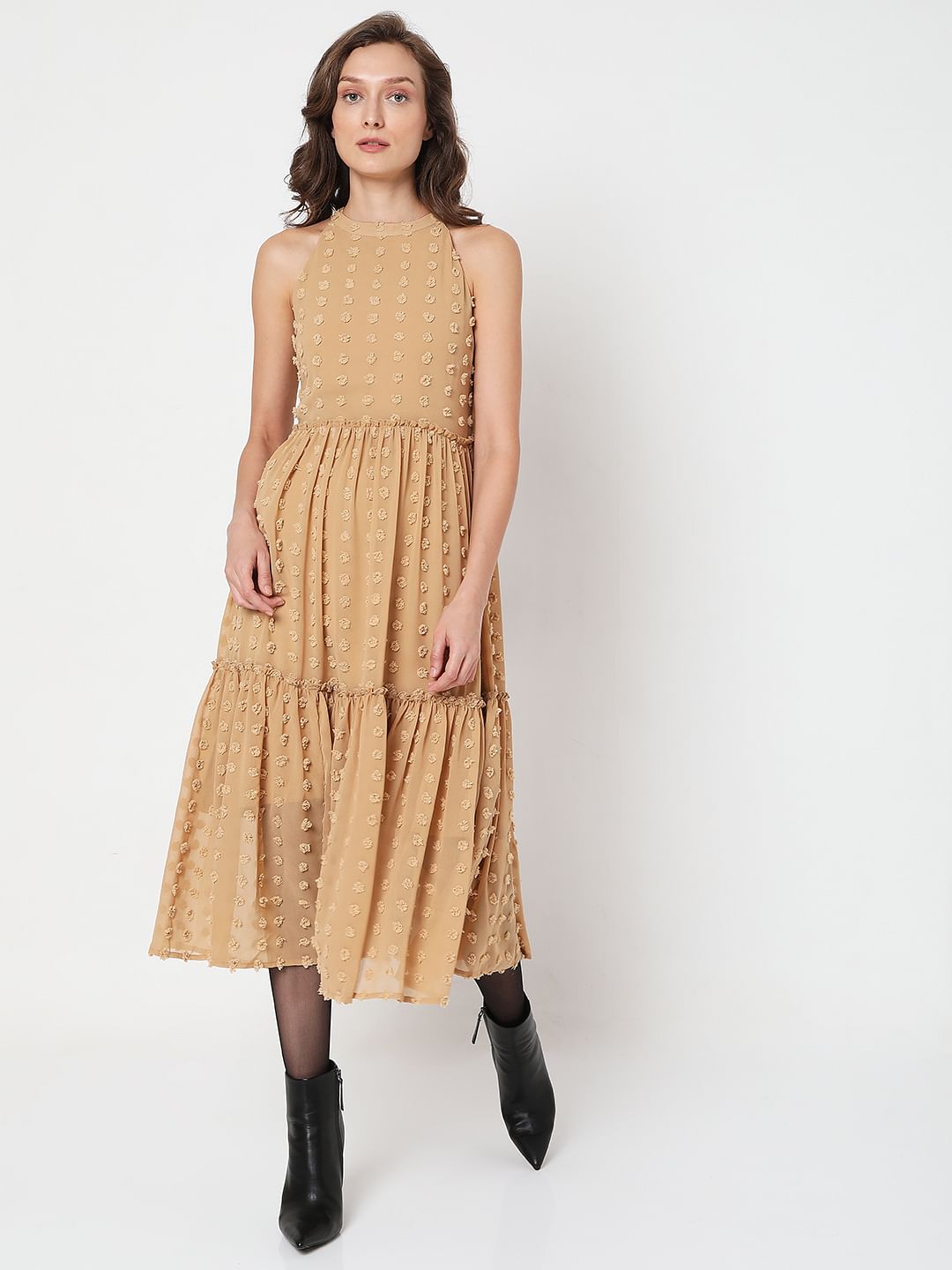 Beige Dobby Midi Dress