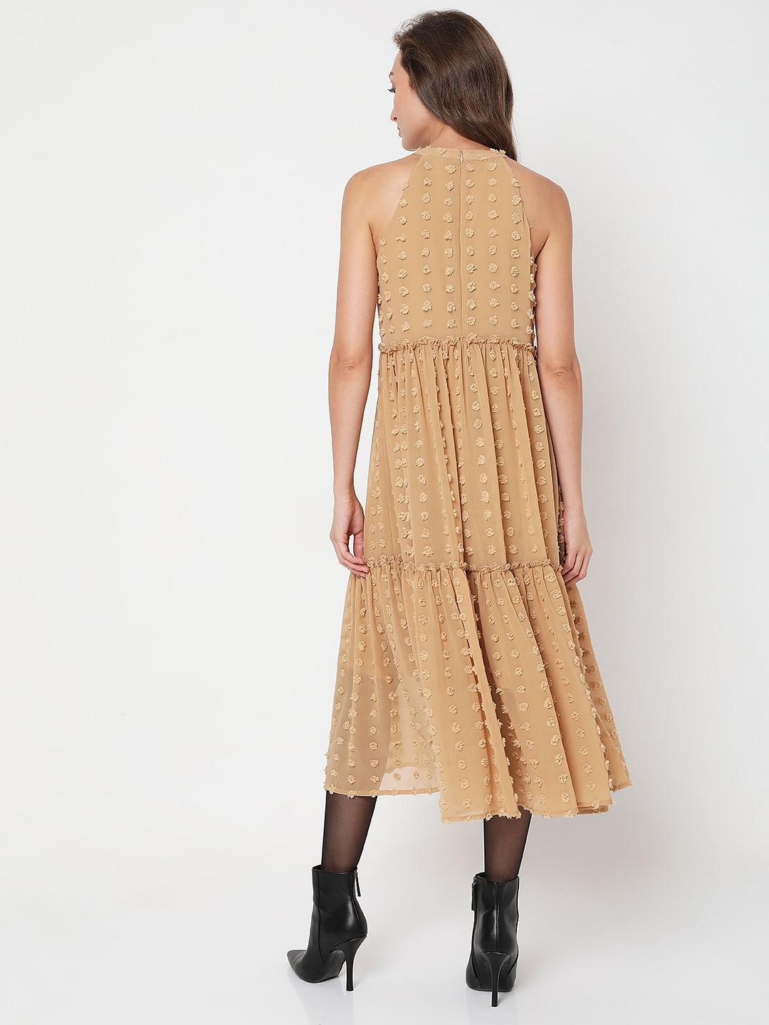 Beige Dobby Midi Dress