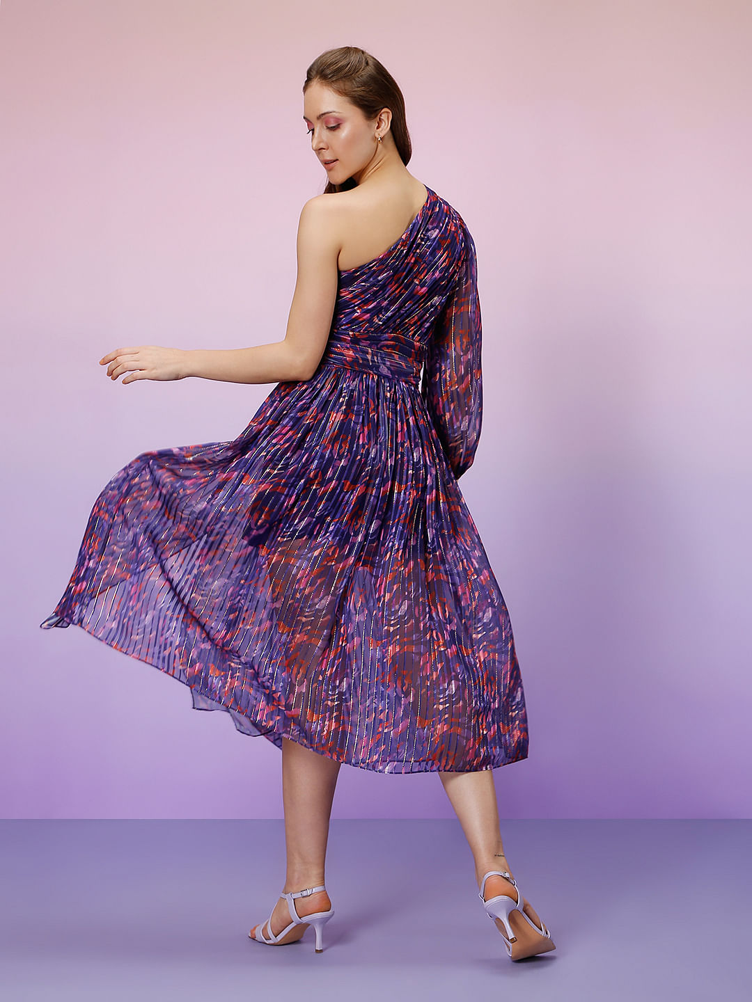 Marquee Blue Printed One Shoulder Midi Dress