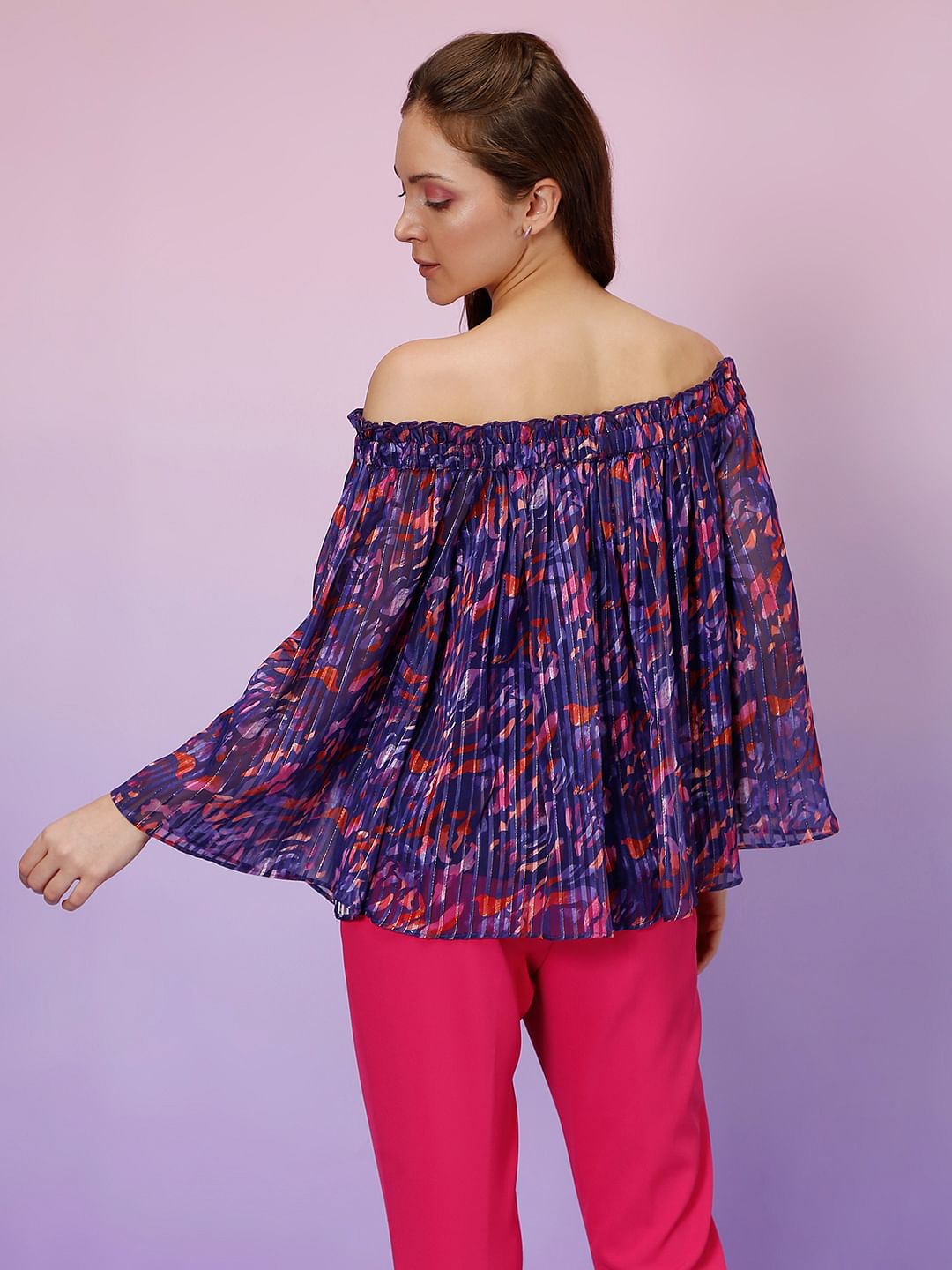 Marquee Blue Printed Off Shoulder Top