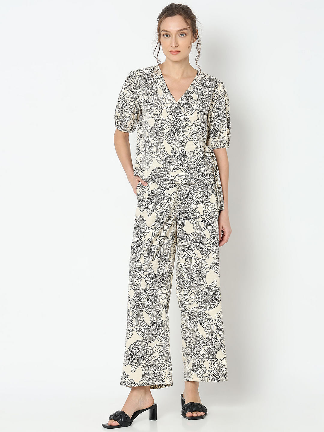 Beige Floral Co-Ord Set Top