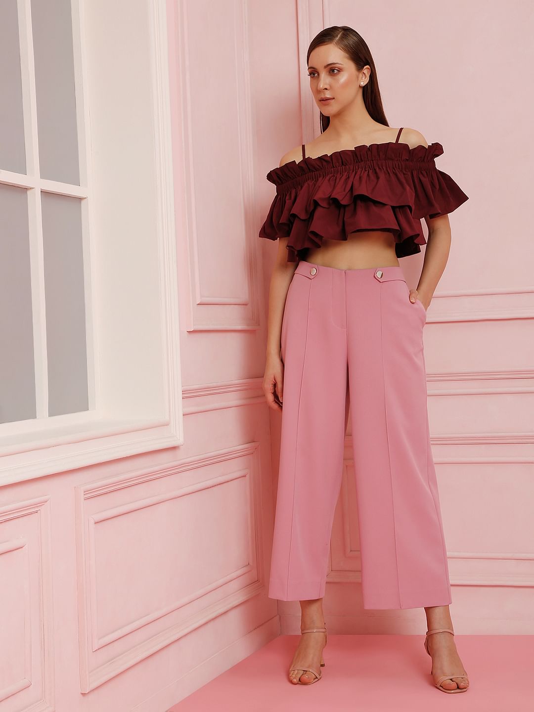 Marquee Maroon Ruffle Off Shoulder Crop Top