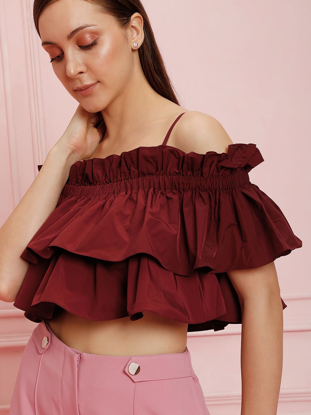 Marquee Maroon Ruffle Off Shoulder Crop Top