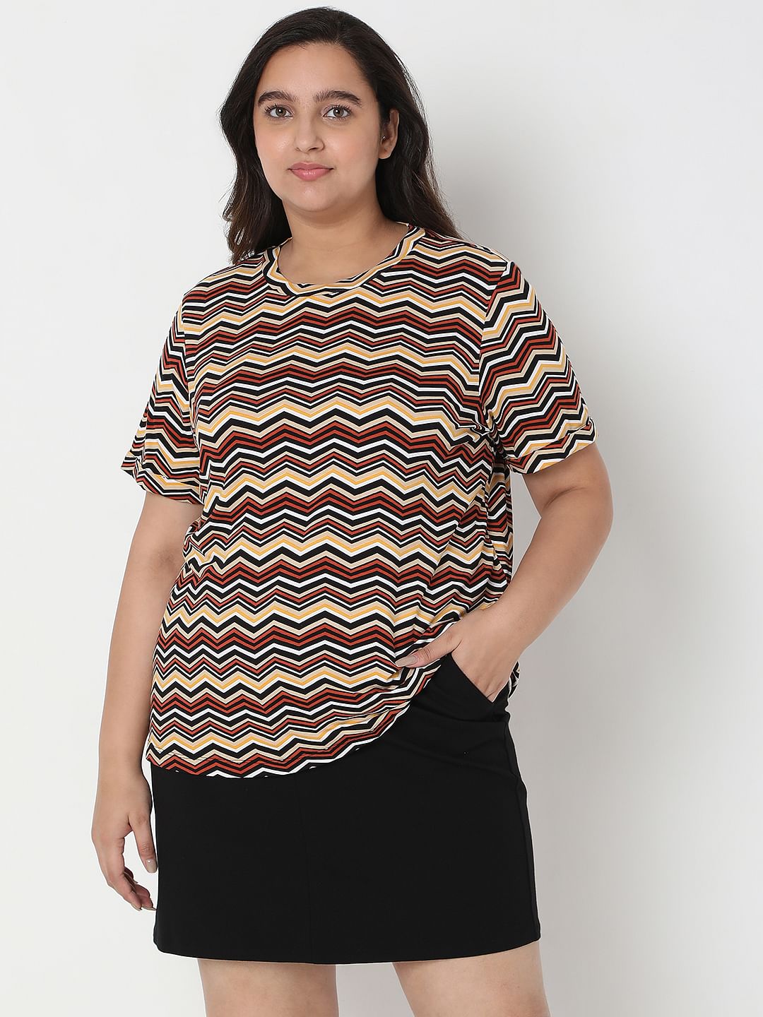 Curve Brown Chevron Print T-Shirt