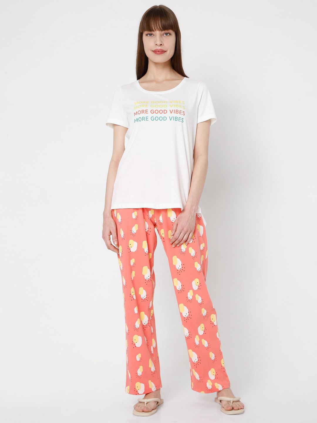 White & Coral T-Shirt & Pyjama Set