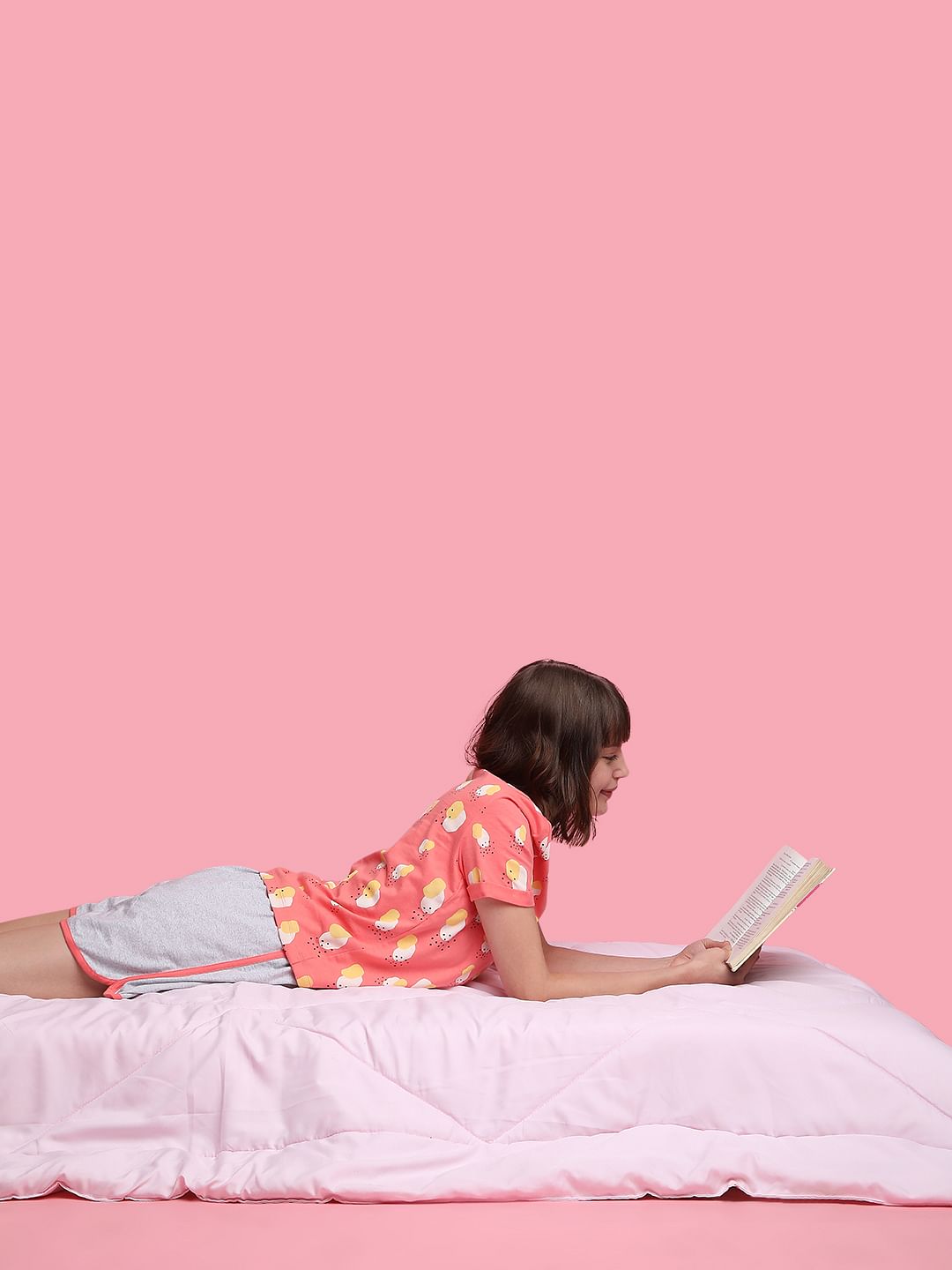 Pink Printed T-Shirt & Shorts Night Suit Set