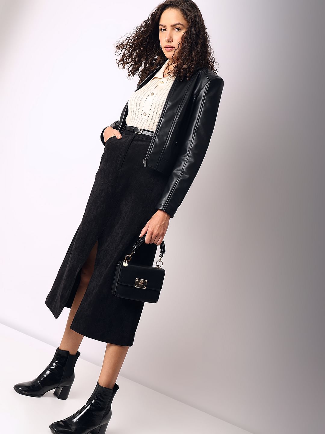 Black Mid Rise Slit Skirt