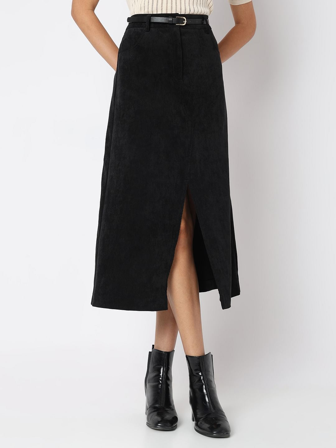 Black Mid Rise Slit Skirt