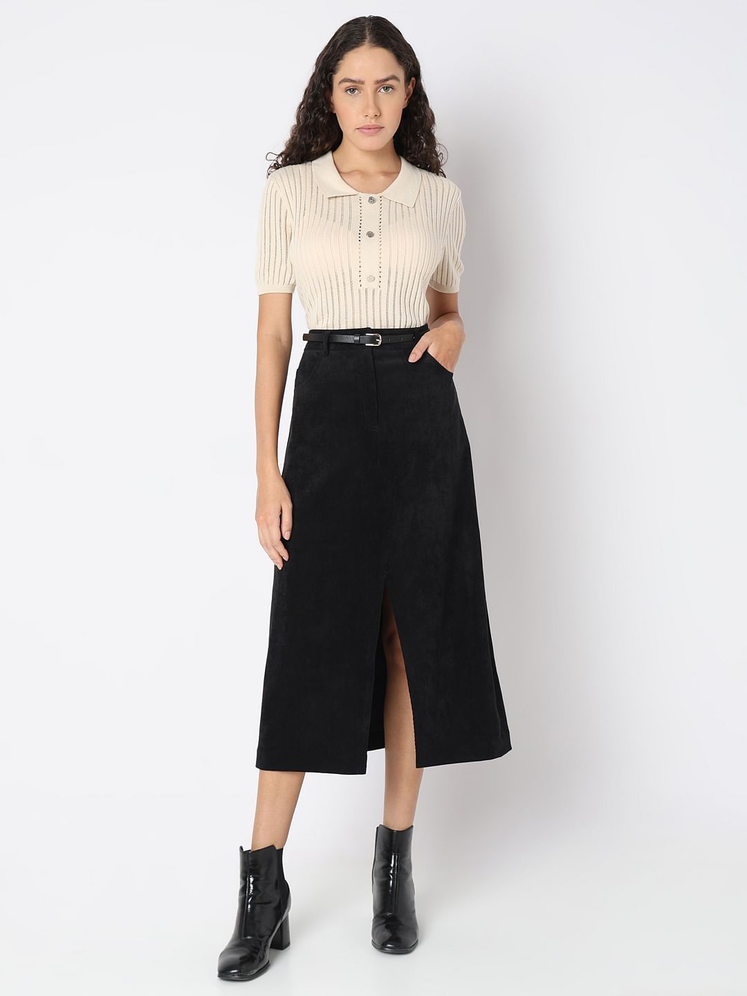 Black Mid Rise Slit Skirt