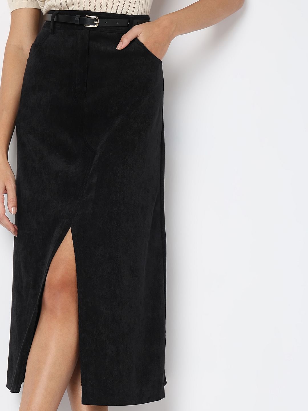 Black Mid Rise Slit Skirt