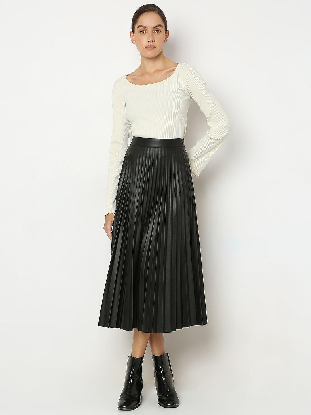 Black Pleated Midi Skirt