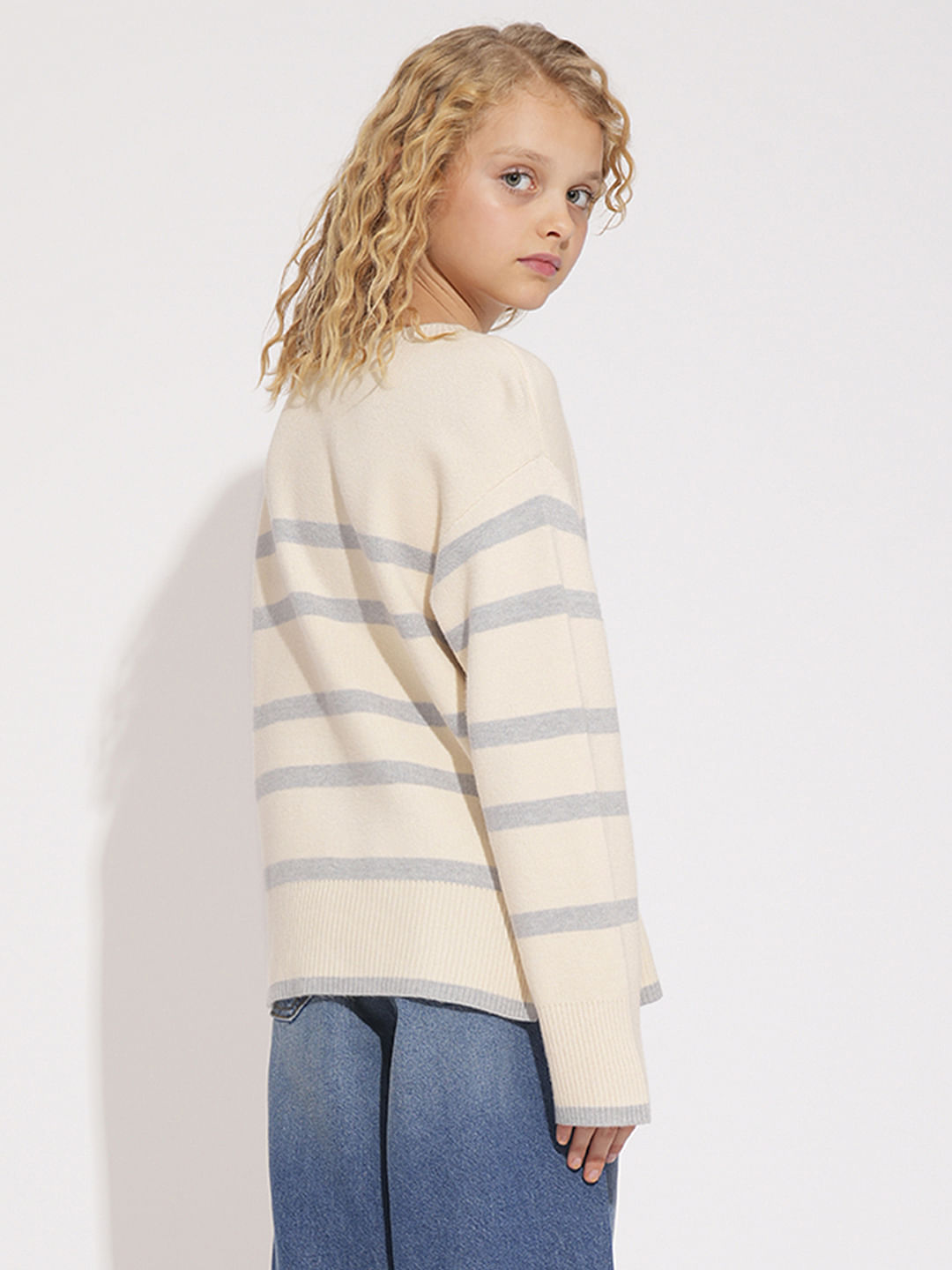 Girls Beige Striped Pullover