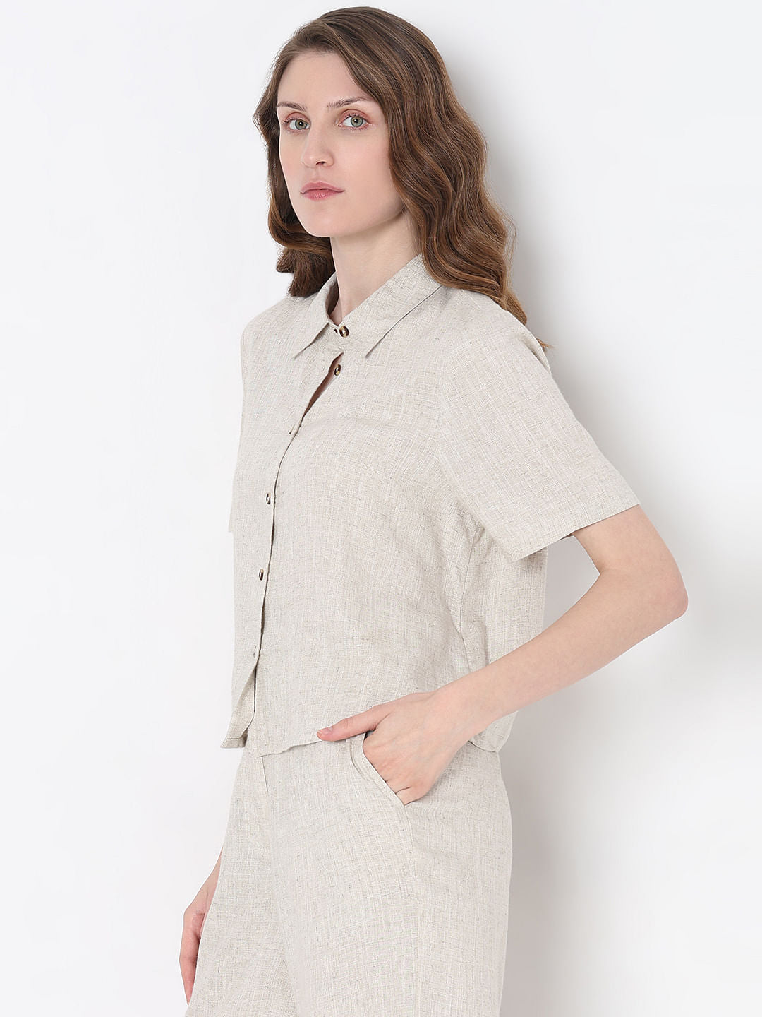 Vero Moa Beige Linen Co-Ord Set Shirt