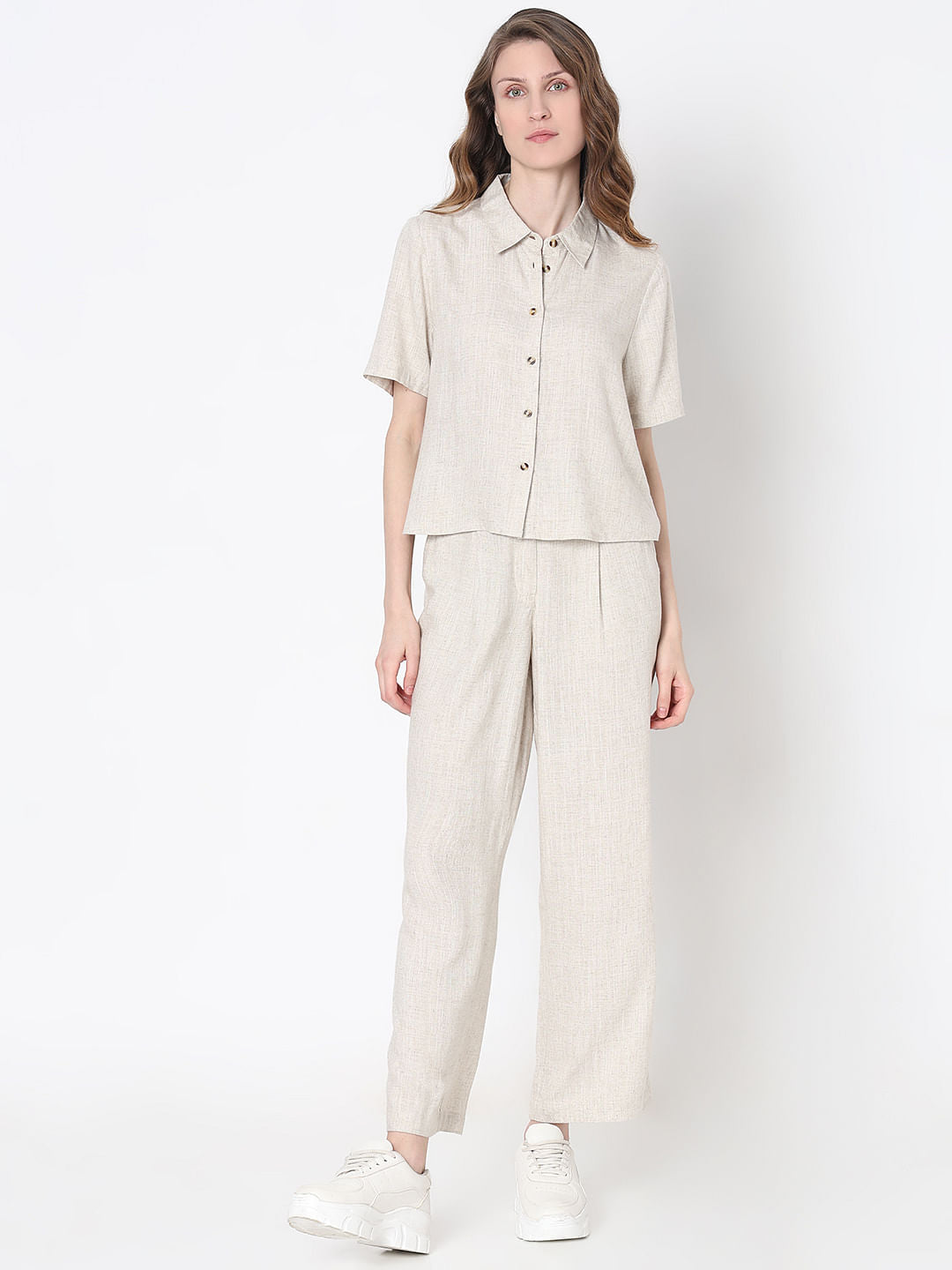 Vero Moa Beige Linen Co-Ord Set Shirt