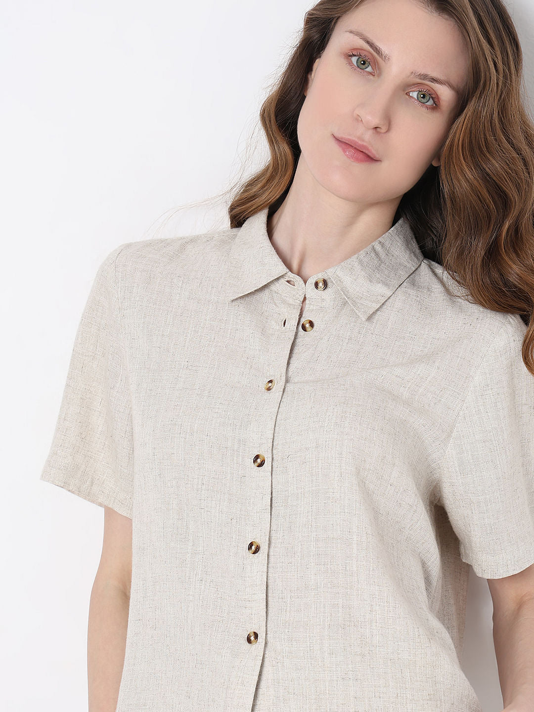 Vero Moa Beige Linen Co-Ord Set Shirt