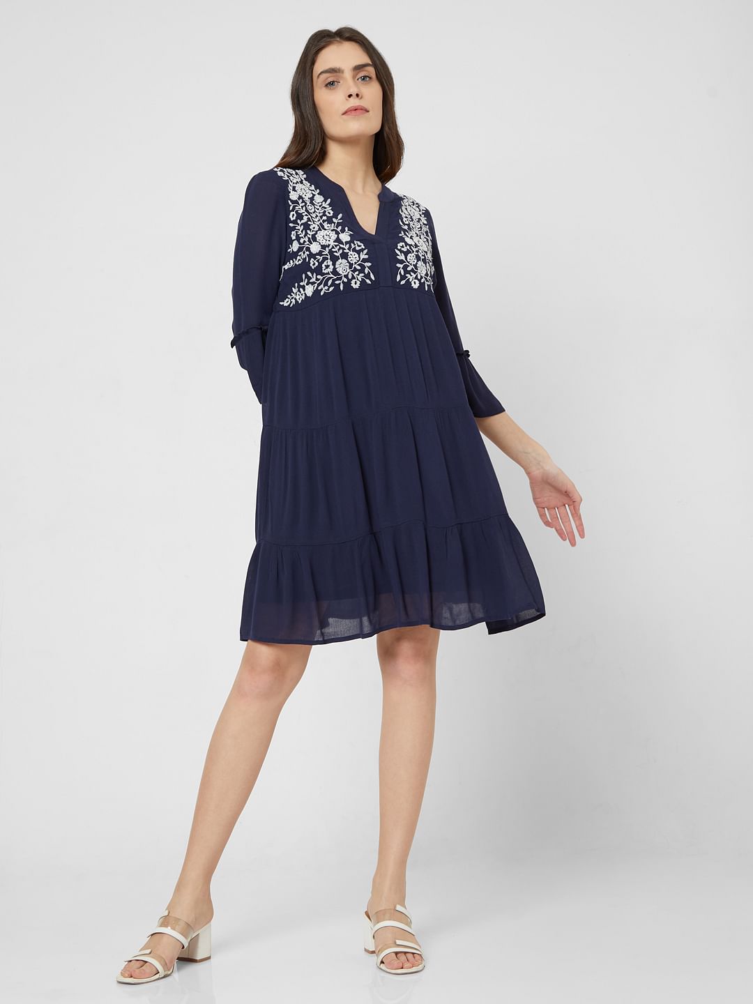Blue Embroidered Shift Dress
