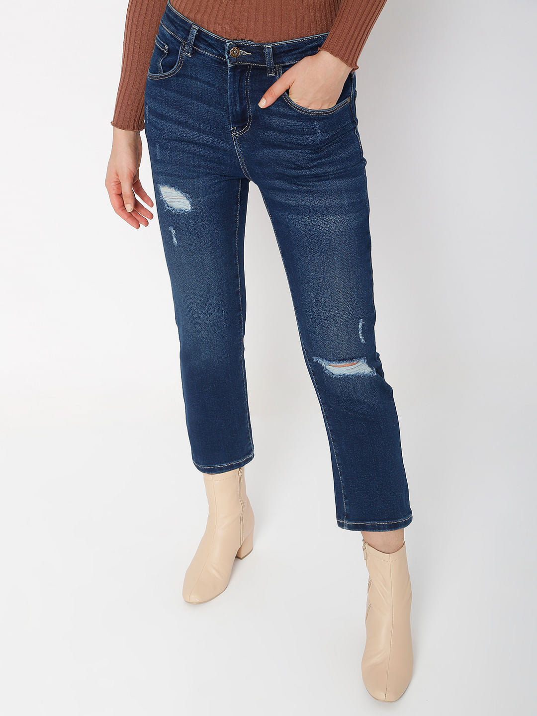 Blue High Rise Ripped Jade Straight Fit Jeans