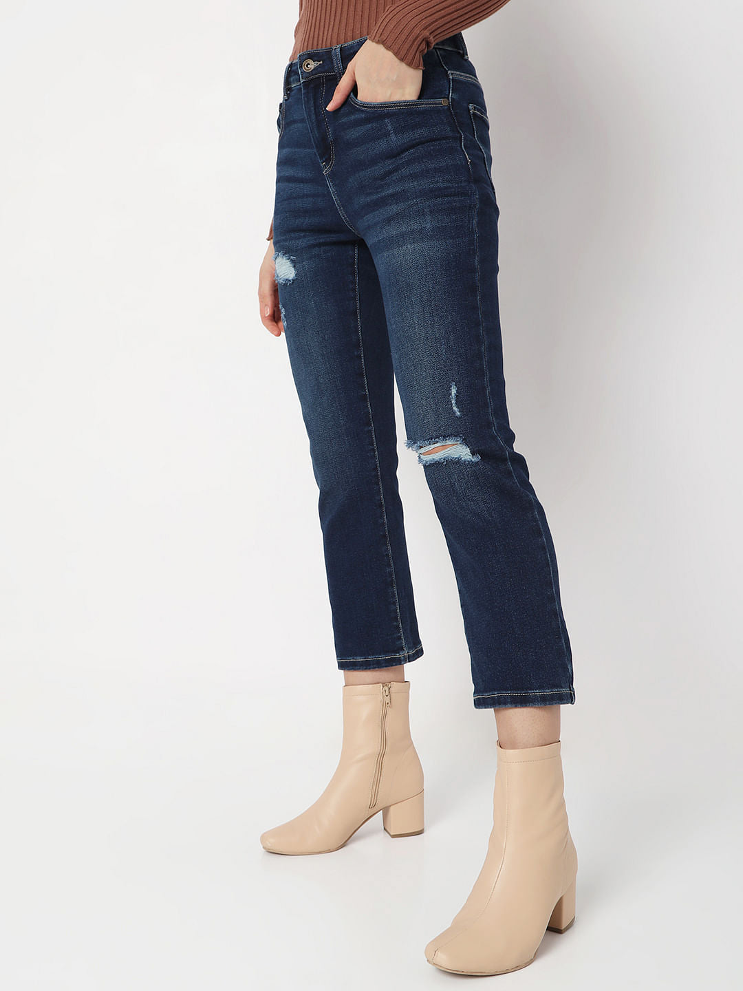 Blue High Rise Ripped Jade Straight Fit Jeans