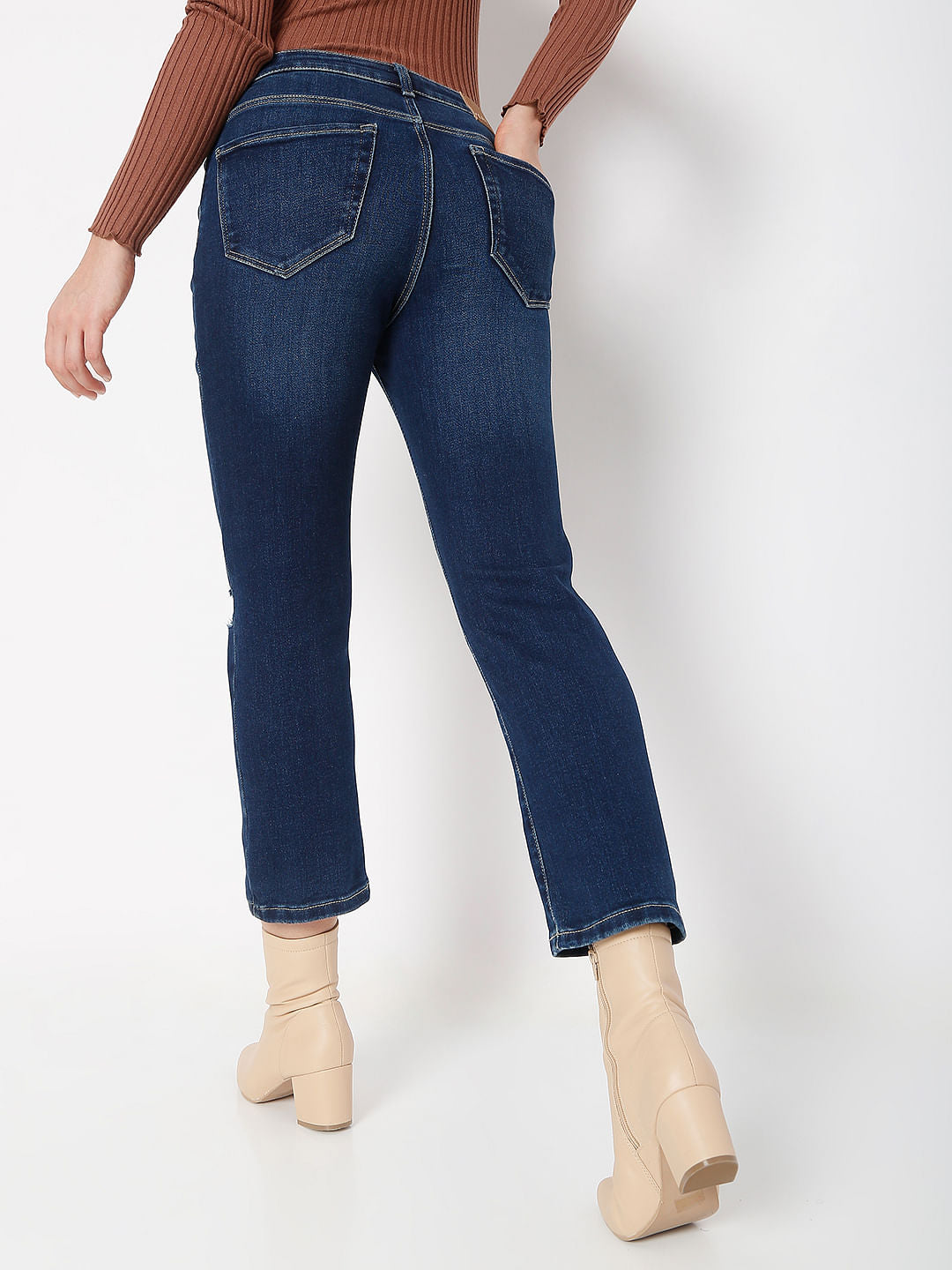 Blue High Rise Ripped Jade Straight Fit Jeans