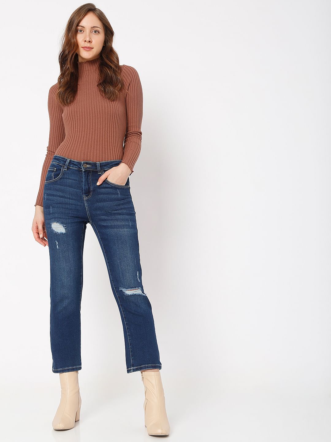Blue High Rise Ripped Jade Straight Fit Jeans