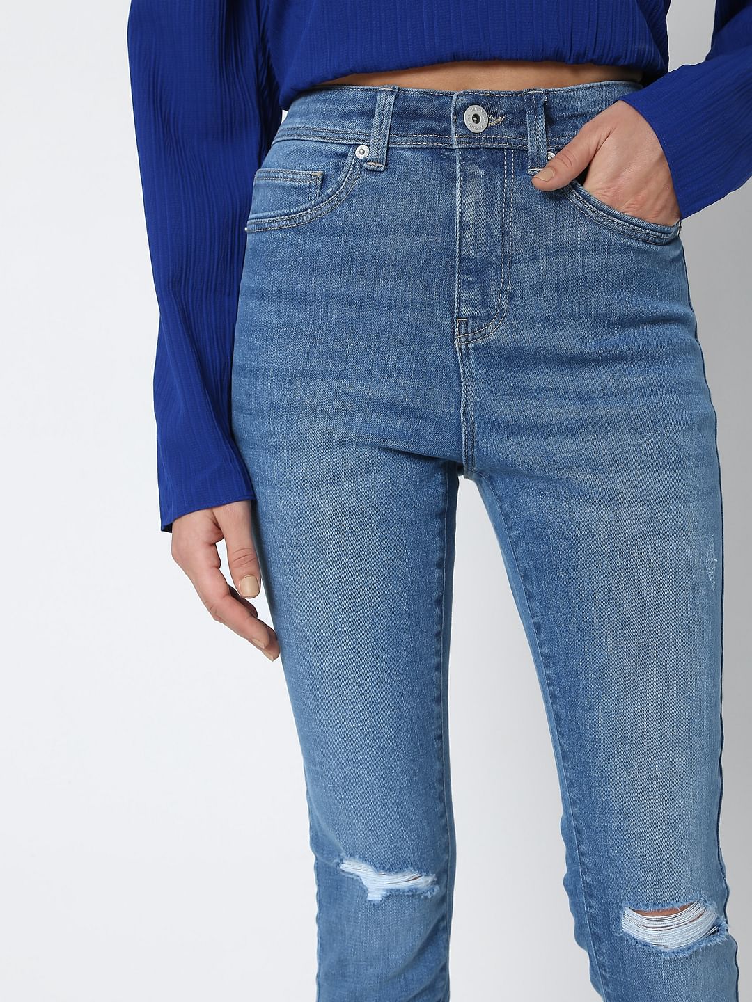 Blue Mid Rise Knee Ripped Wendy Skinny Jeans