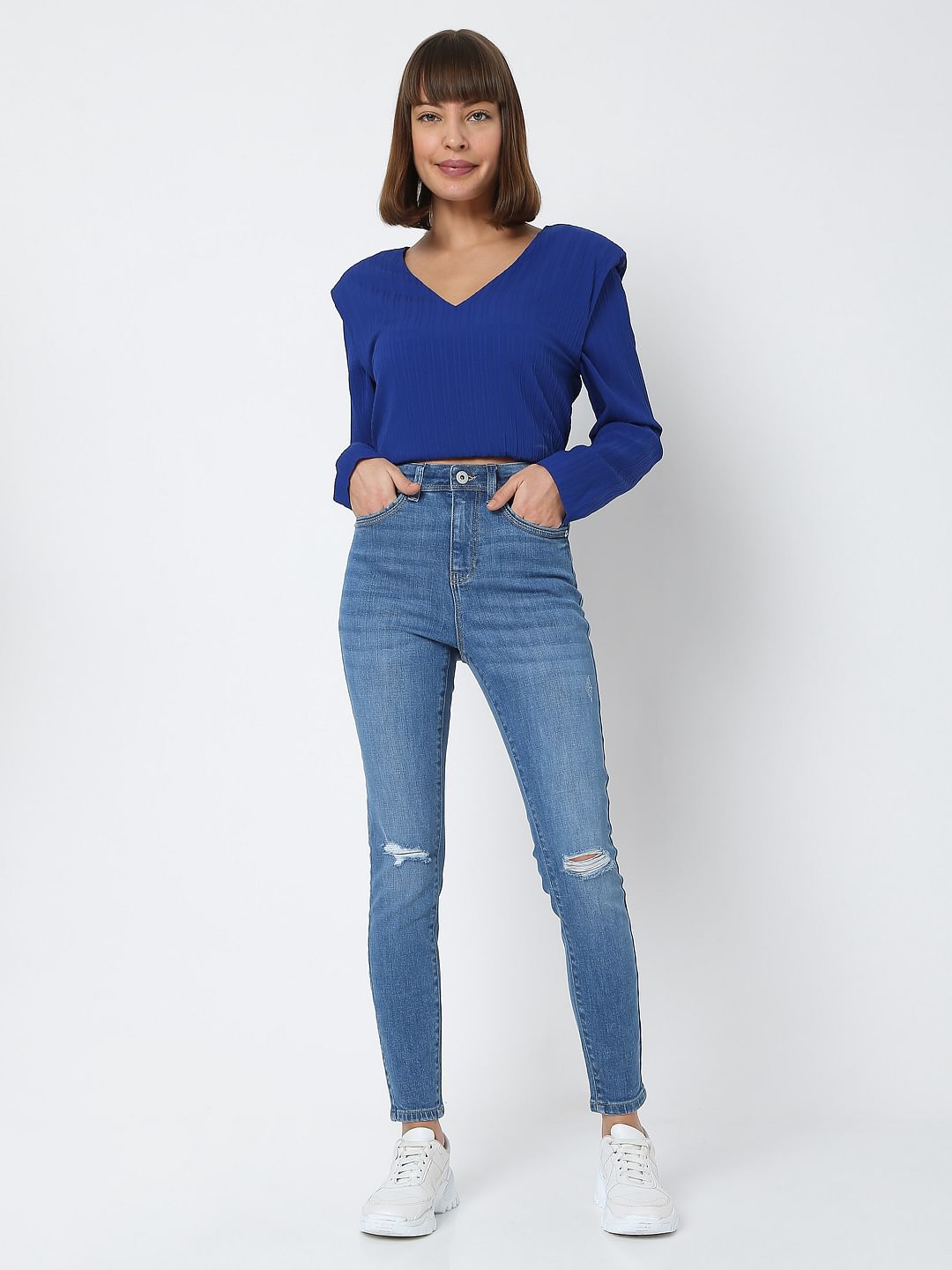 Blue Mid Rise Knee Ripped Wendy Skinny Jeans