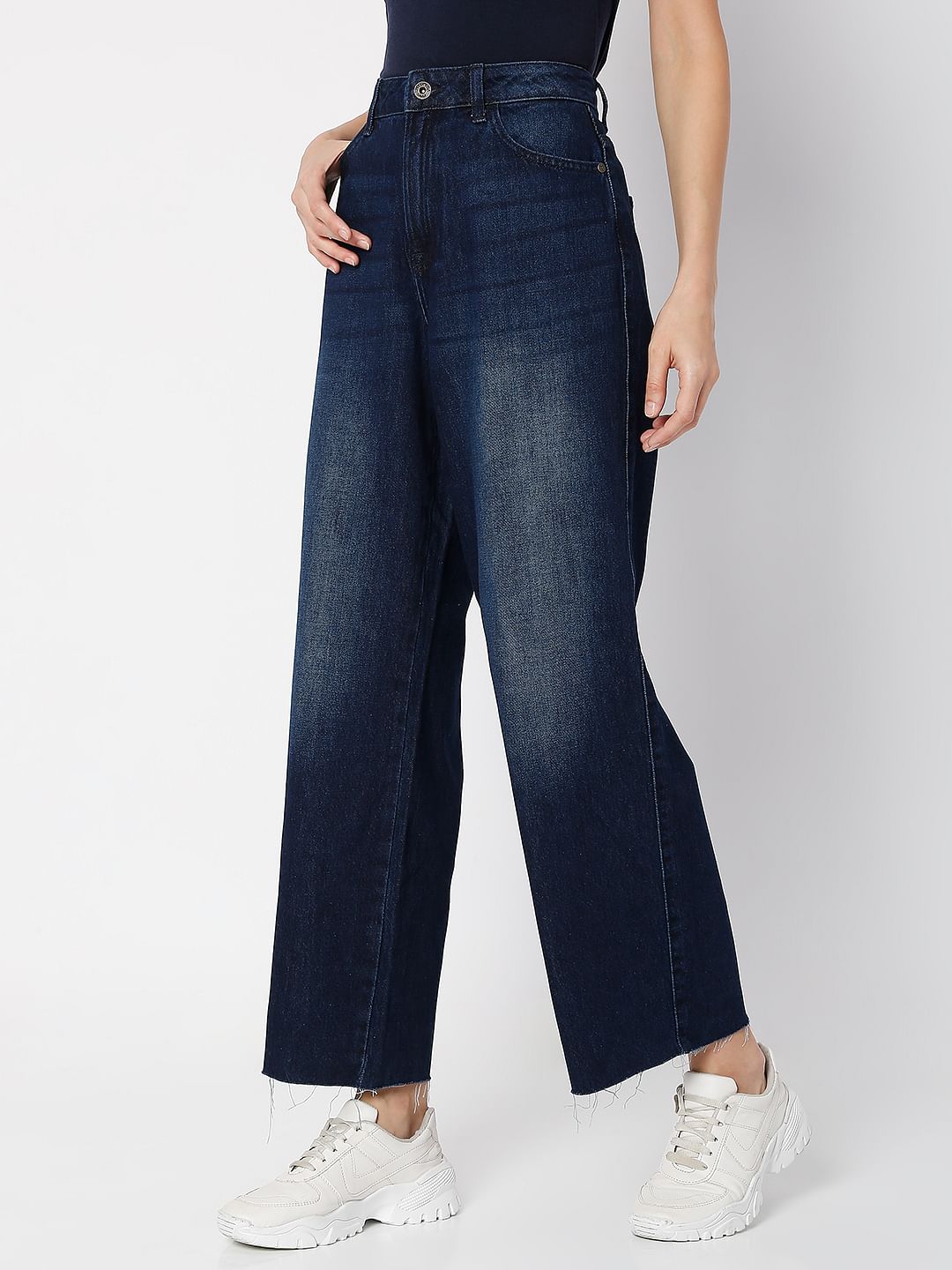 Blue Raw-Edge Zoey Wide-Leg Jeans