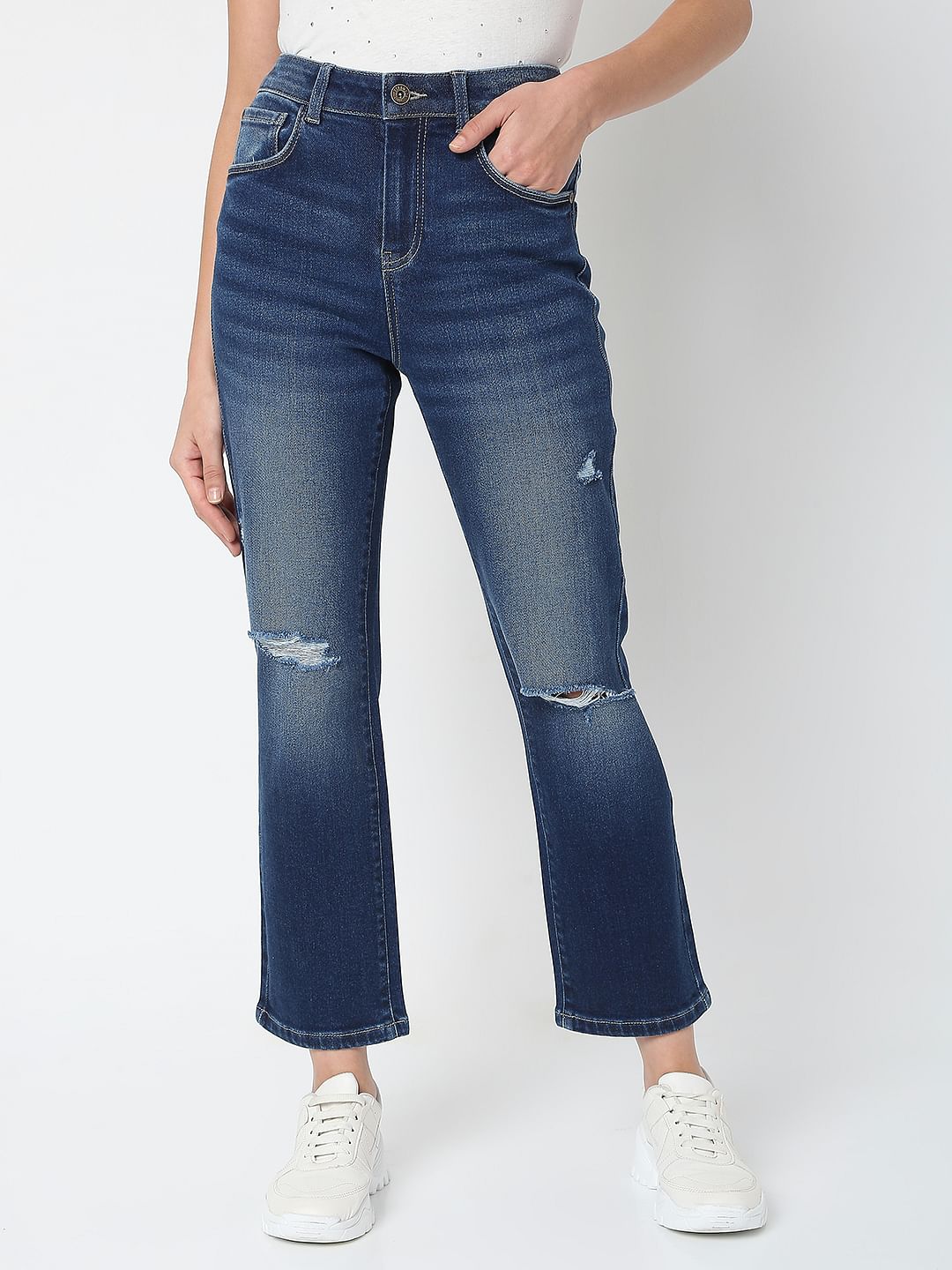 Blue Mid Rise Distressed Petra Bootcut Jeans