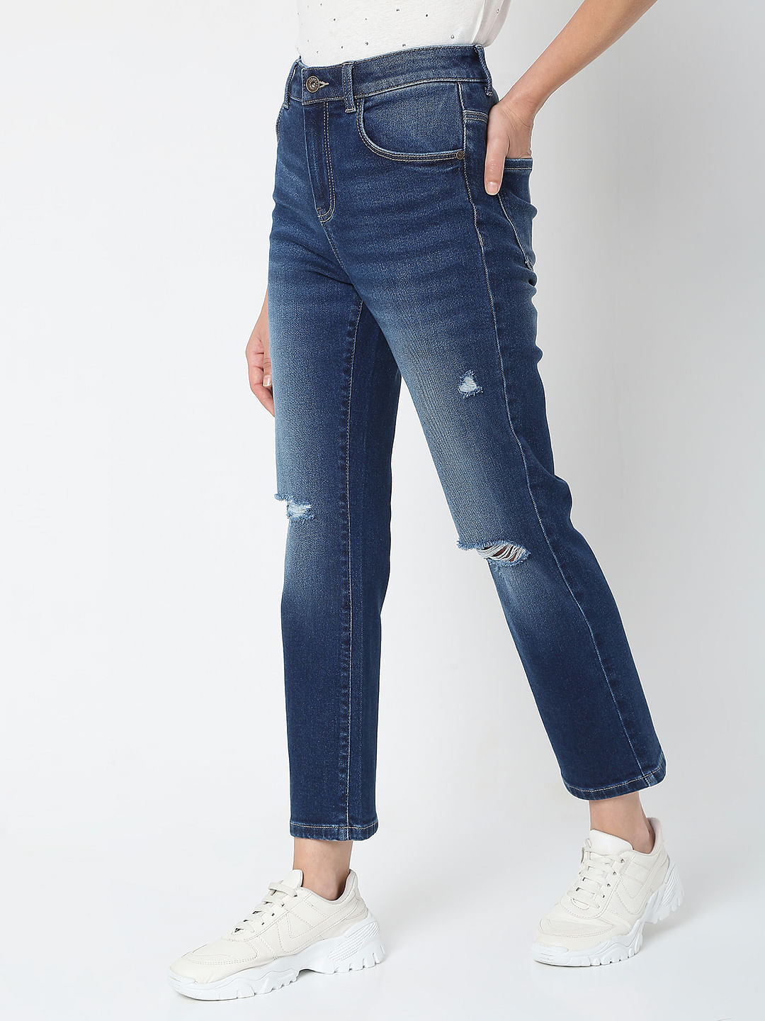 Blue Mid Rise Distressed Petra Bootcut Jeans