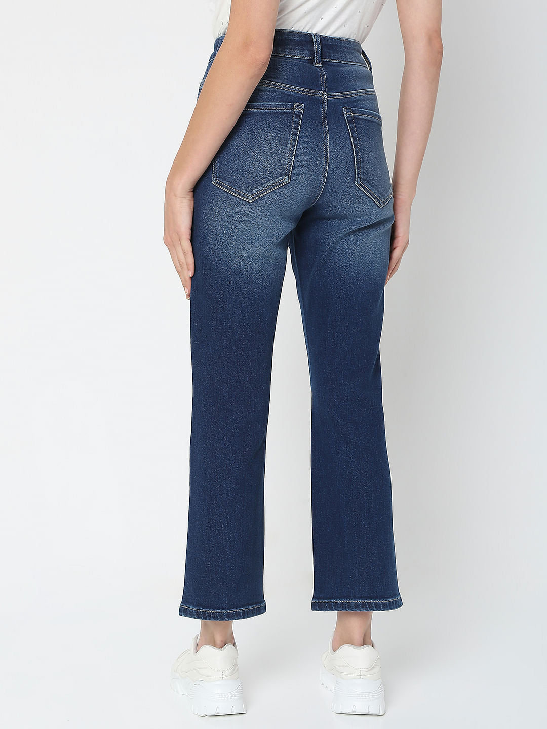Blue Mid Rise Distressed Petra Bootcut Jeans