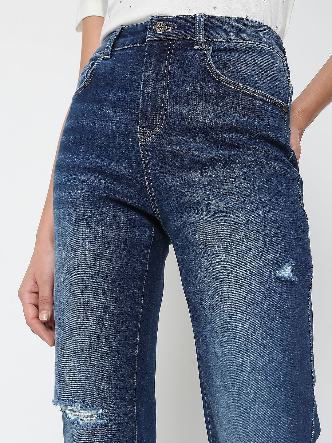 Blue Mid Rise Distressed Petra Bootcut Jeans