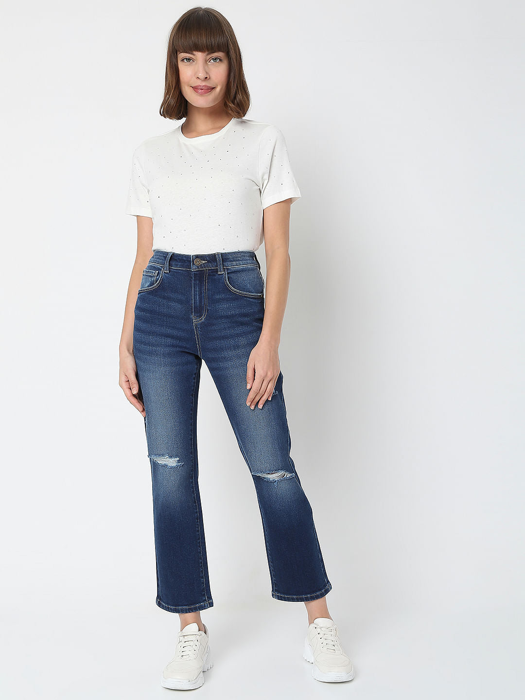 Blue Mid Rise Distressed Petra Bootcut Jeans