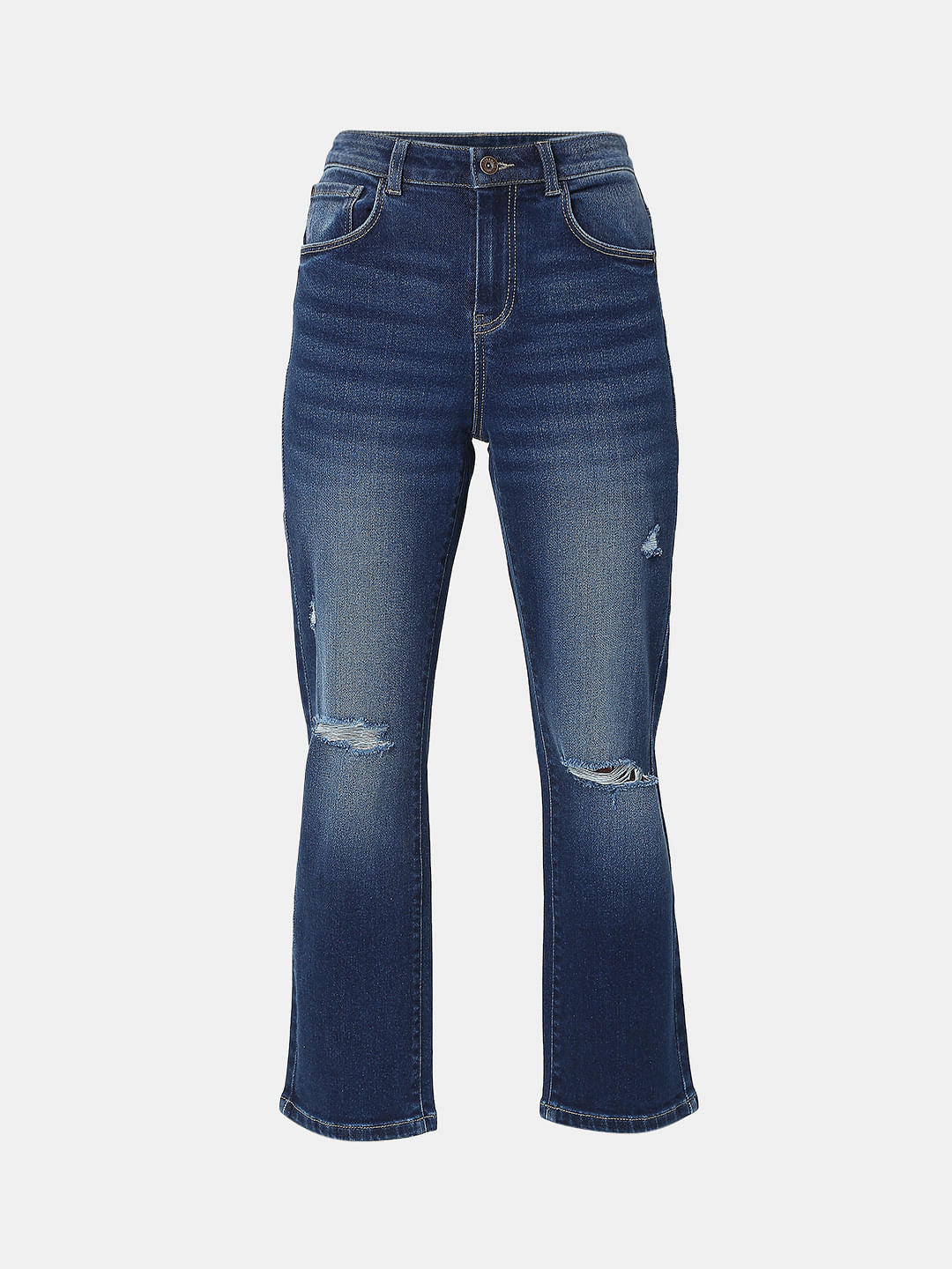 Blue Mid Rise Distressed Petra Bootcut Jeans