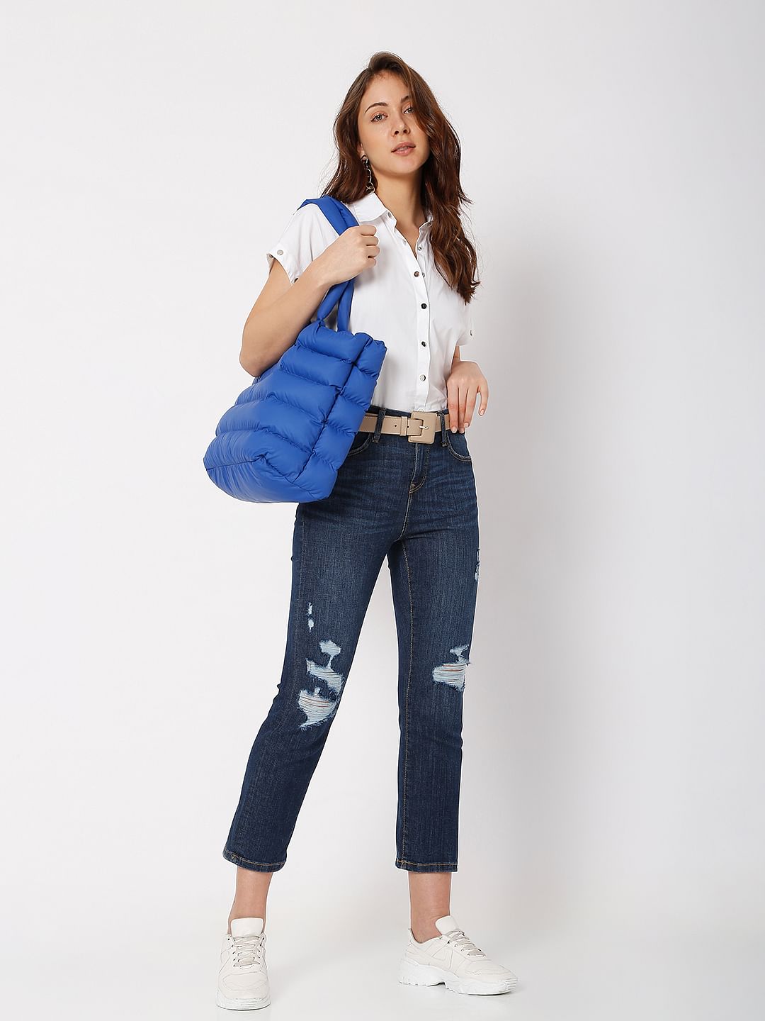 Dark Blue Mid Rise Distressed Jade Straight Fit Jeans