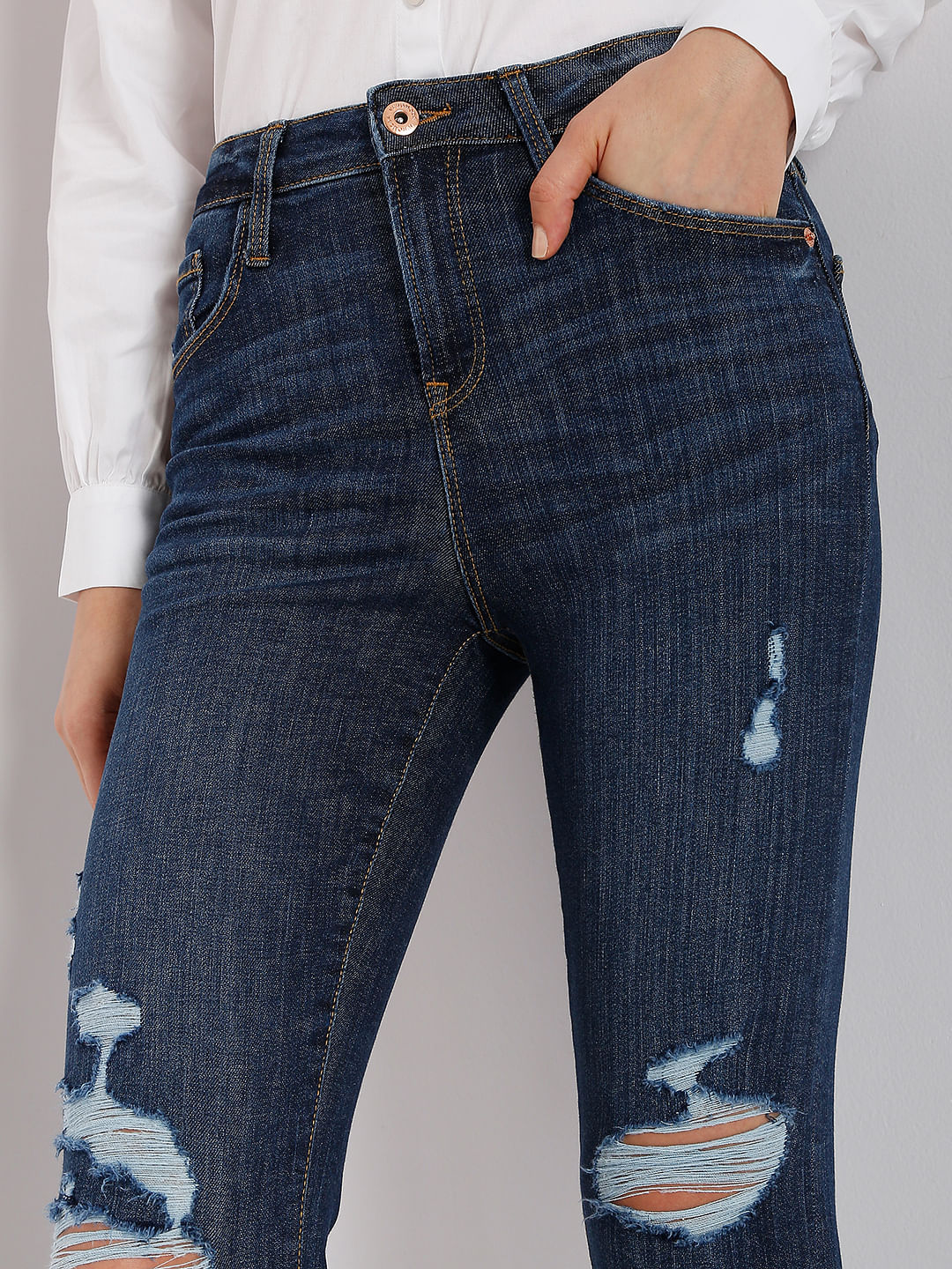 Dark Blue Mid Rise Distressed Jade Straight Fit Jeans