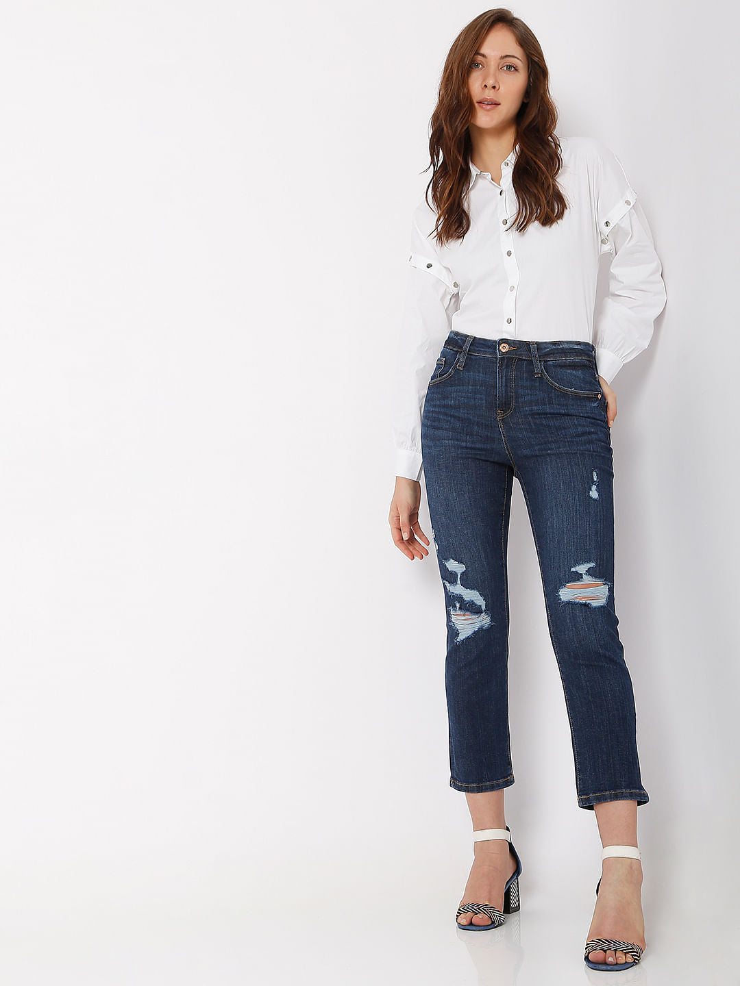 Dark Blue Mid Rise Distressed Jade Straight Fit Jeans