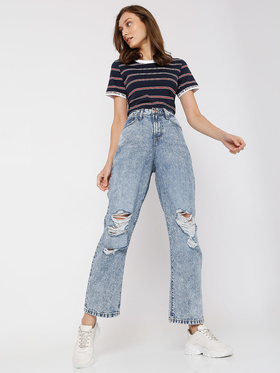 Blue High Rise Washed Boyfriend Jeans