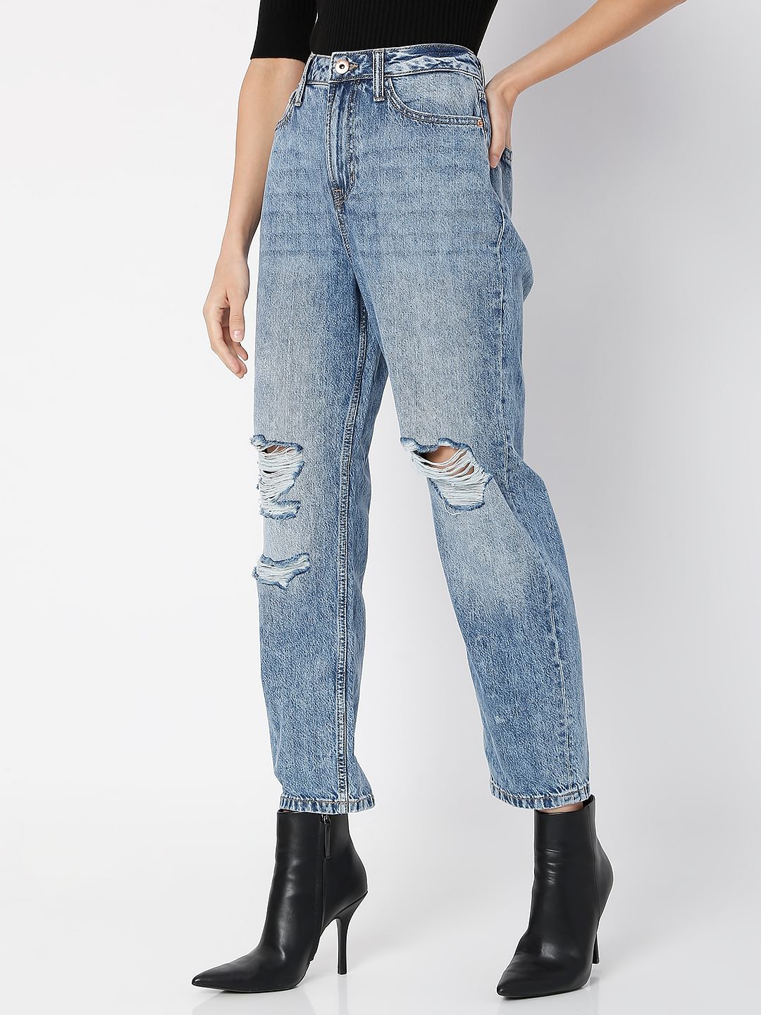 Blue High Rise Distressed Jade Straight Fit Jeans