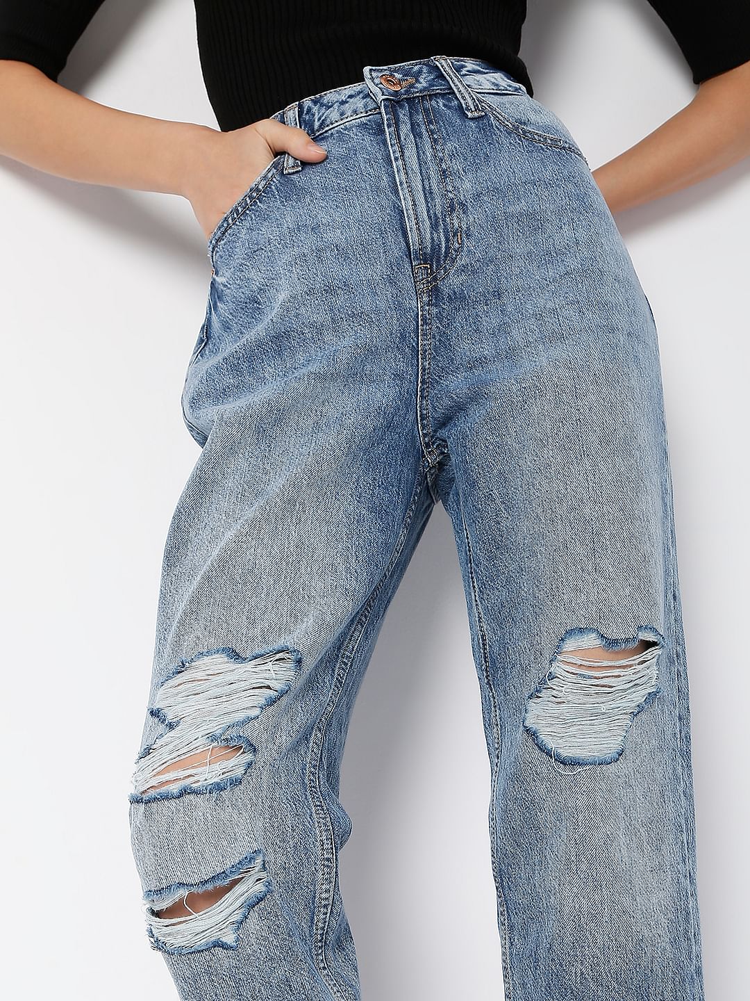 Blue High Rise Distressed Jade Straight Fit Jeans