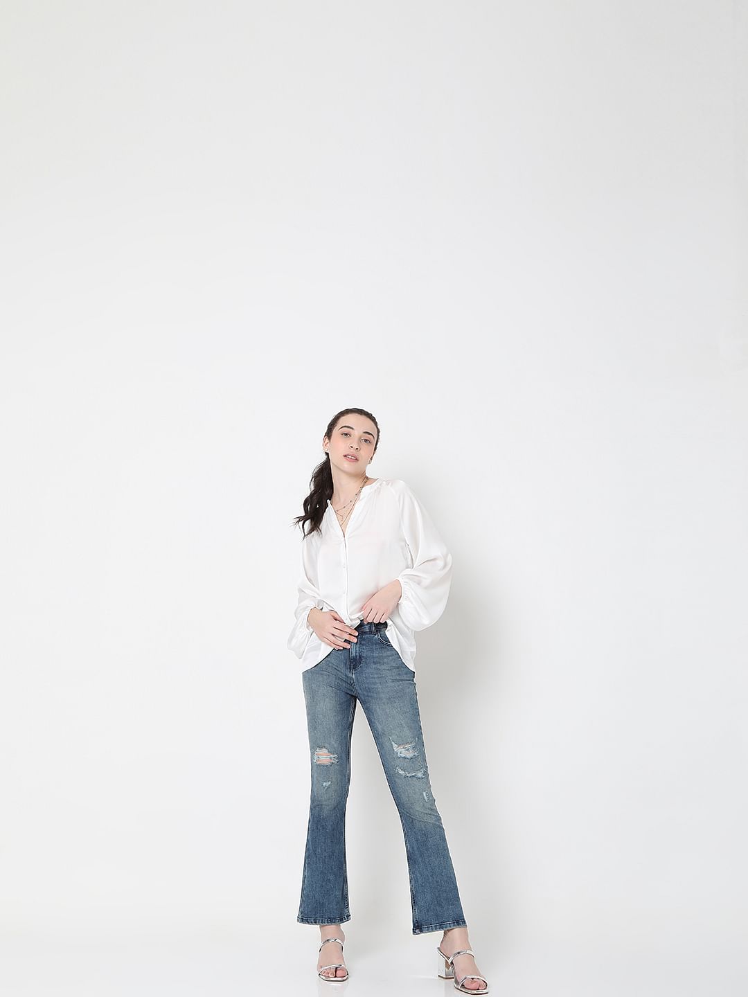 Blue High Rise Distressed Petra Bootcut Jeans