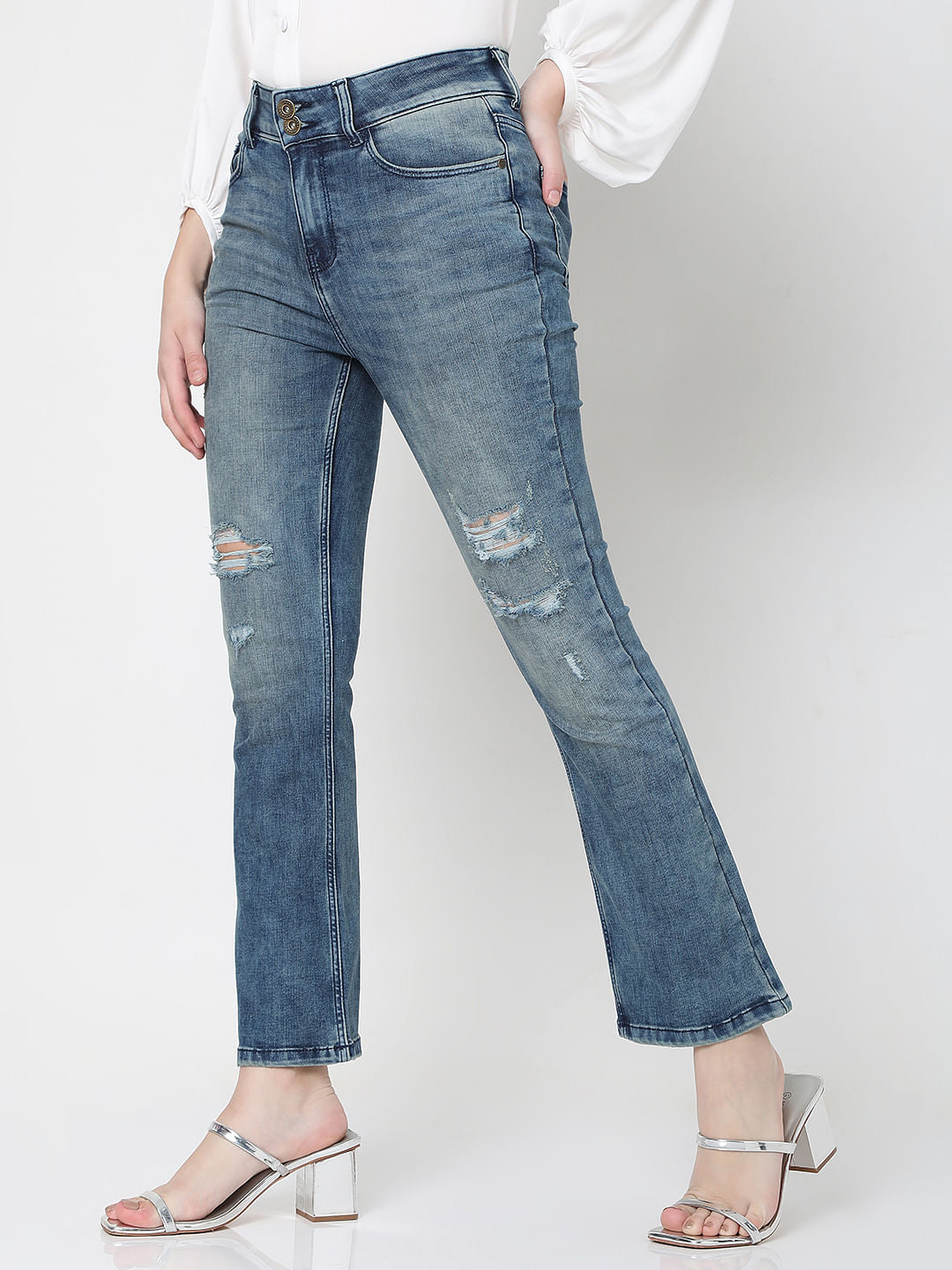 Blue High Rise Distressed Petra Bootcut Jeans