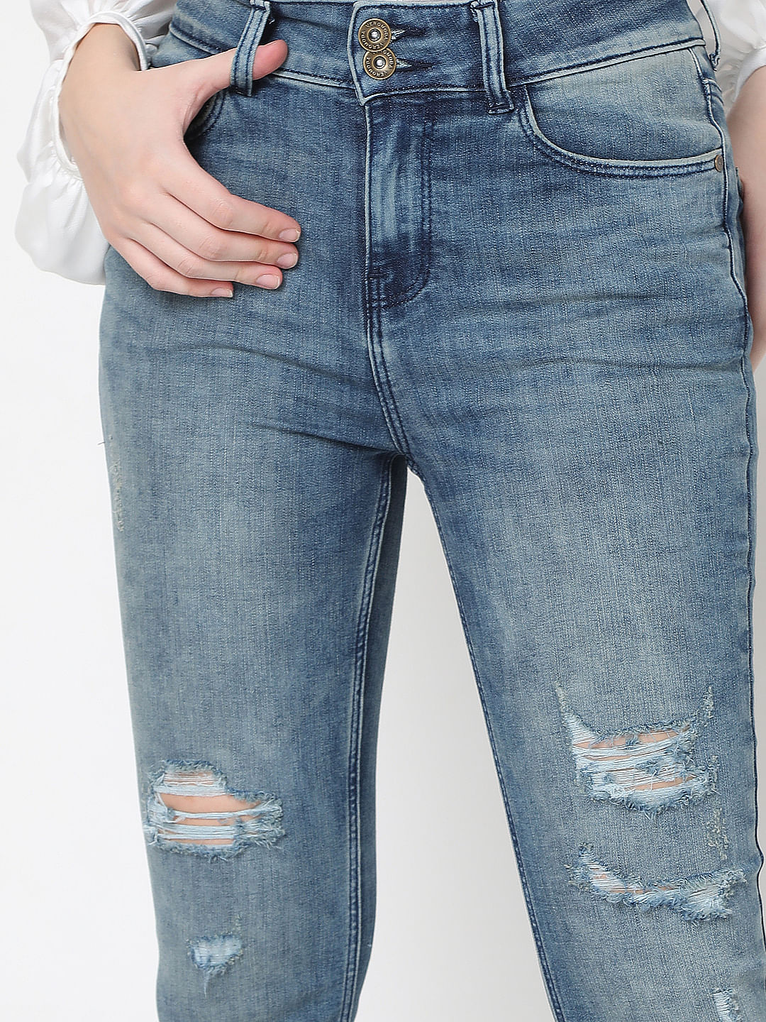 Blue High Rise Distressed Petra Bootcut Jeans