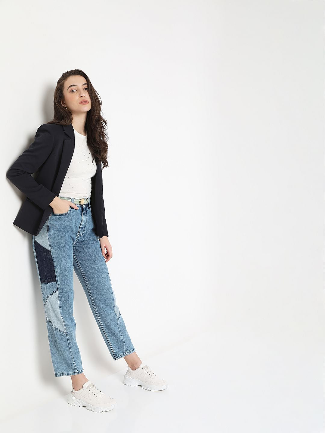 Blue High Rise Cut & Sew Panel Mom Fit Jeans