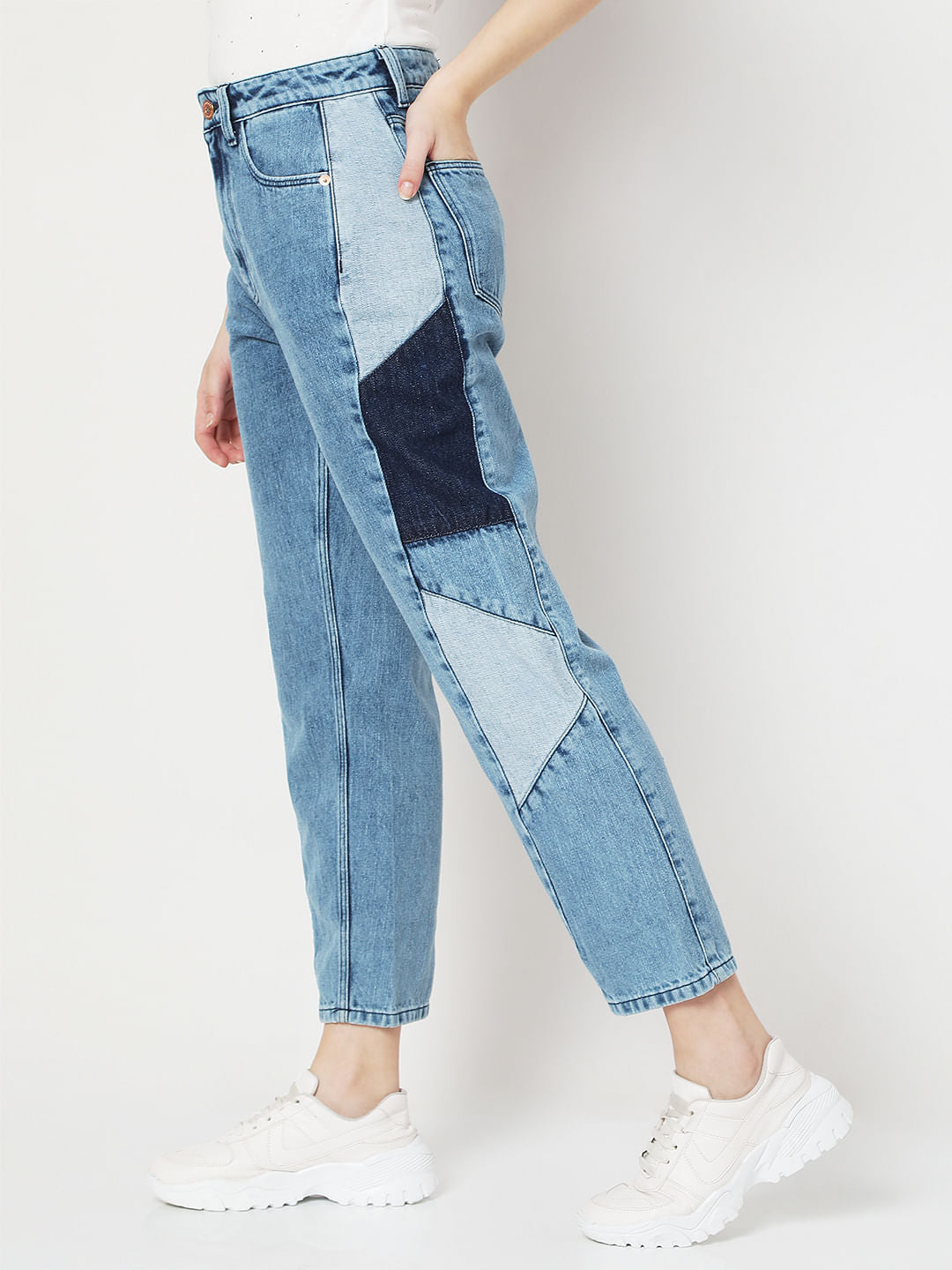 Blue High Rise Cut & Sew Panel Mom Fit Jeans