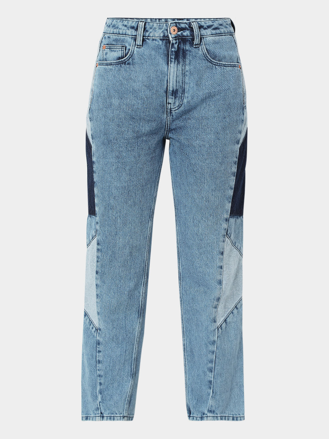 Blue High Rise Cut & Sew Panel Mom Fit Jeans