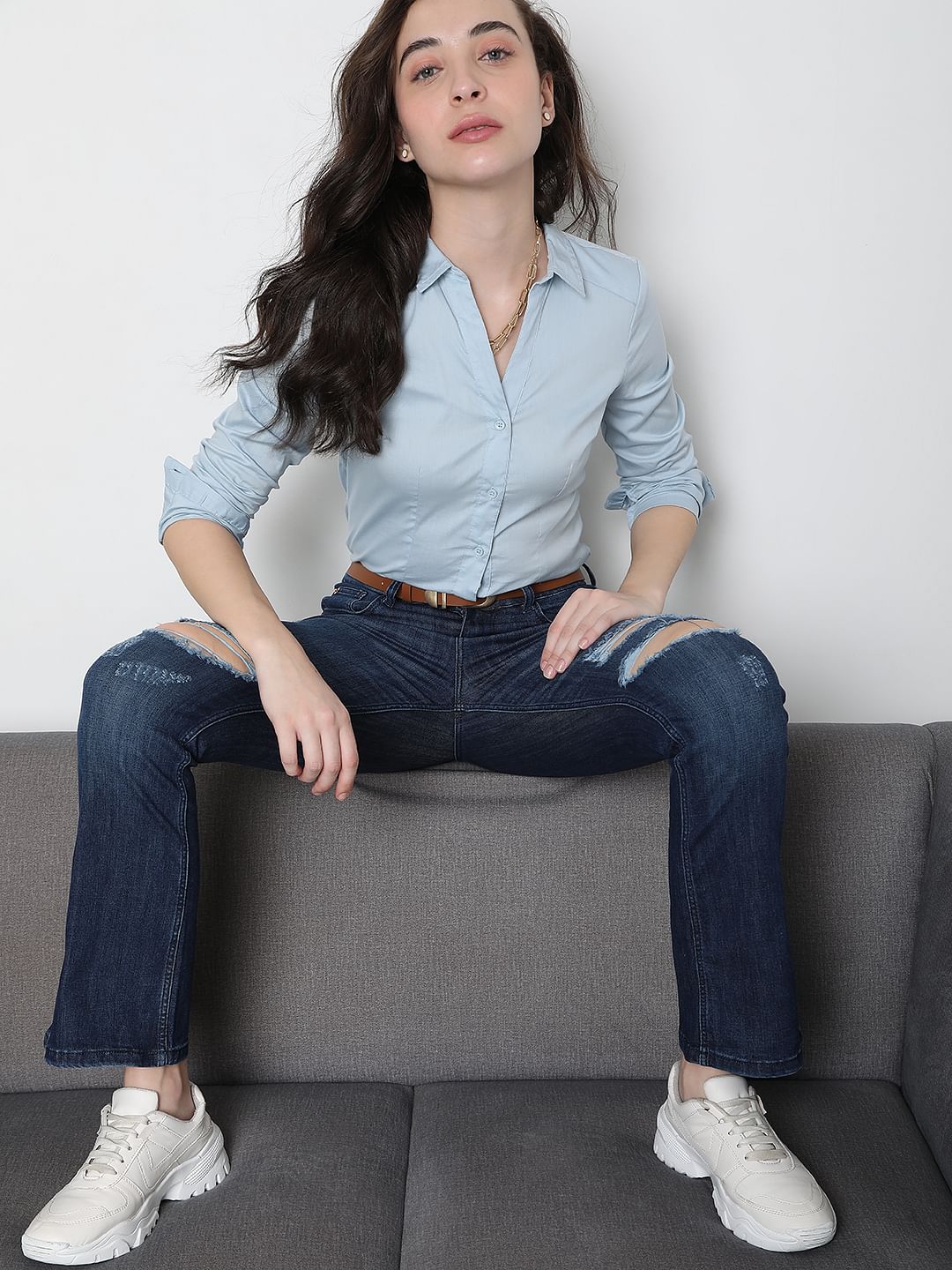 Dark Blue High Rise Distressed Petra Bootcut Jeans